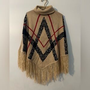 Knit Poncho Wrap Turtleneck Cream Black Red Accents Size S/M Kori Brand Women’s